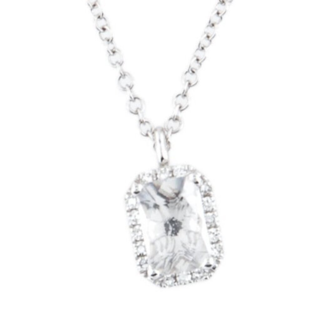 EF COLLECTION 14K WHITE GOLD QUARTZ & DIAMOND HALO PENDANT NECKLACE